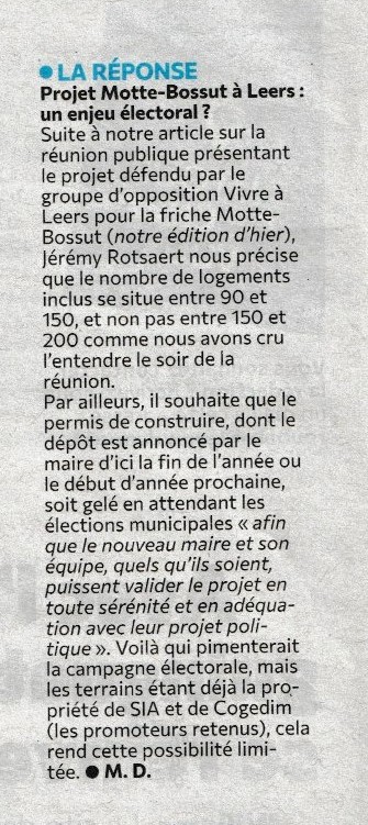 Projet Motte-Bossut à Leers : deux visions pour le futur Article Reponse VAL Voix Du Nord MOTTE BOSSUT ENSEMBLE